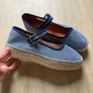 Maeve Blue Canvas Mary Jane Espadrille Flats with Jute Platform